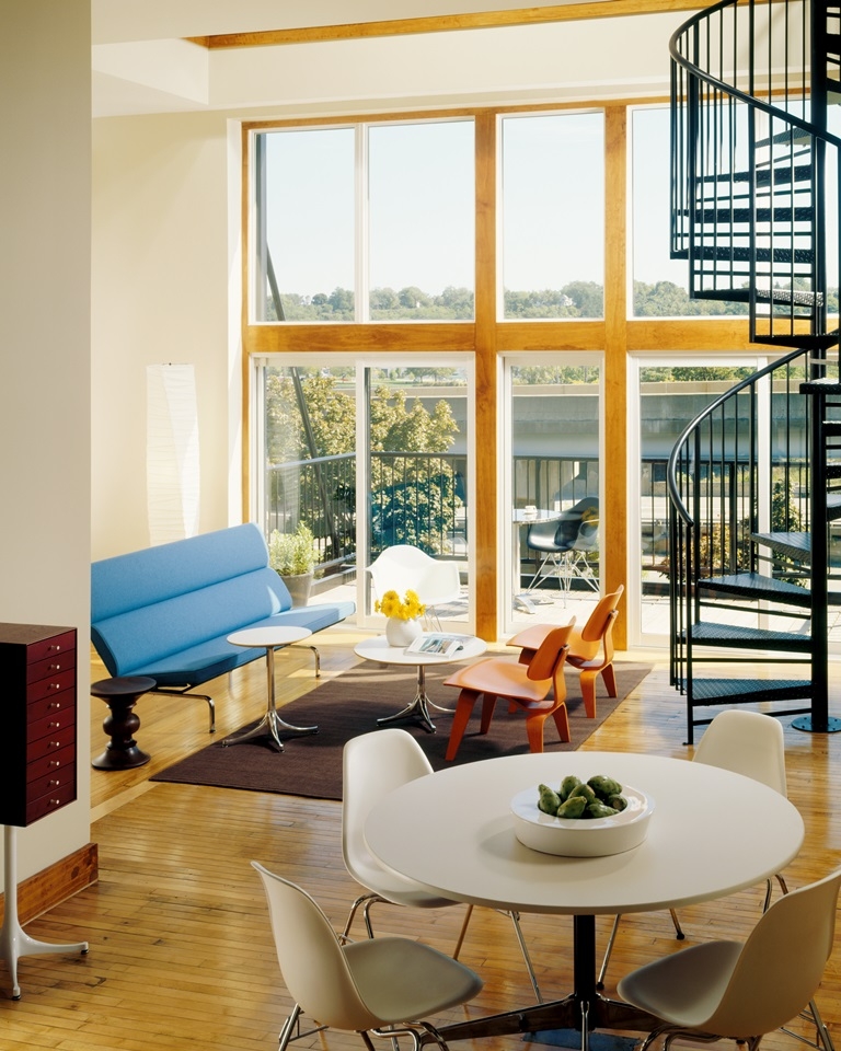 Nelson Pedestal Table, Eames Walnut Stools, Eames Sofa Compact, Eames Tables, Nelson Miniature Chests Eames Sofa Compact designed by Ray and Charles Eames for herman Miller, Herman Miller Eames Compact Sofa