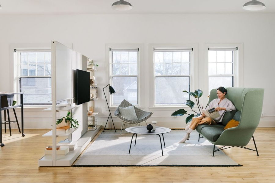 OE1 Workspace Collection_1_Nelson Coconut Lounge chair, OE1 Agile Wall, OE1 Communal table, OE1 Storage Trolleys OE1 Workspace Collection, Collaborative space, Desk and workspace, Nelson Coconut Lounge chair, OE1 Agile Wall, OE1 Communal table, OE1 Storage Trolleys