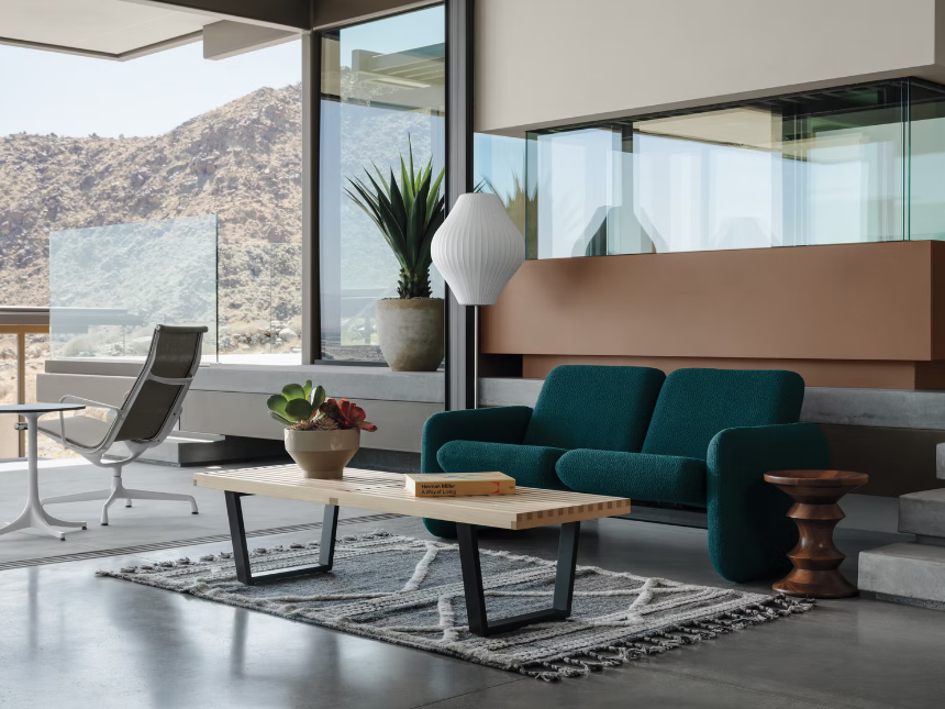 Wilkes Modular Sofa, Nelson Platform Bench and Bubble Floor Lamp, Eames Walnut Stool and Eames aluminium group chair