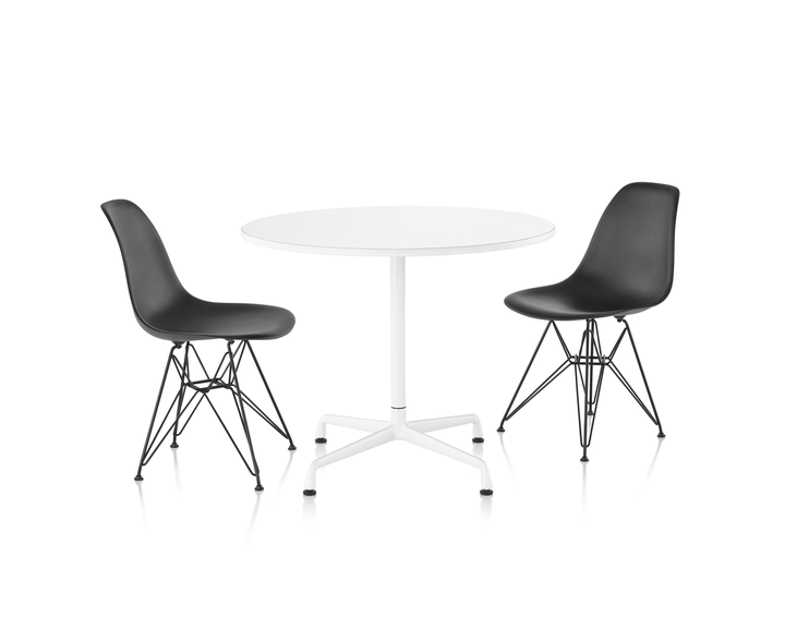 Eames Table_Universal base_Solid laminate top_Eames Plastic chair with wire base Eames Universal Base Table designed by Charles and Ray Eames, Herman Miller Eames Table